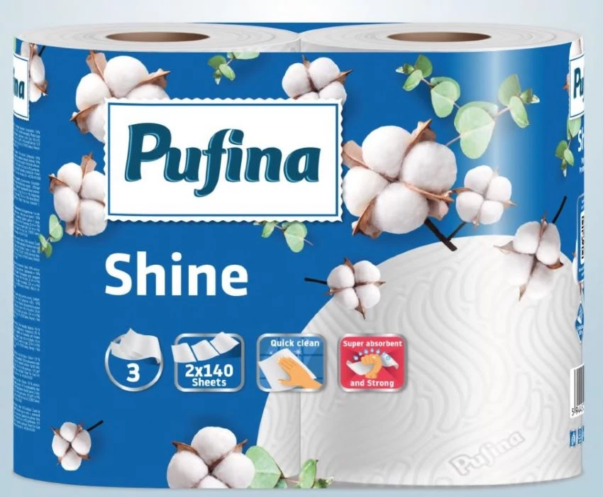 PUFINA Shine papírtörlő 2 tekercs 140 lap 3 rétegű (3*19,5gr)