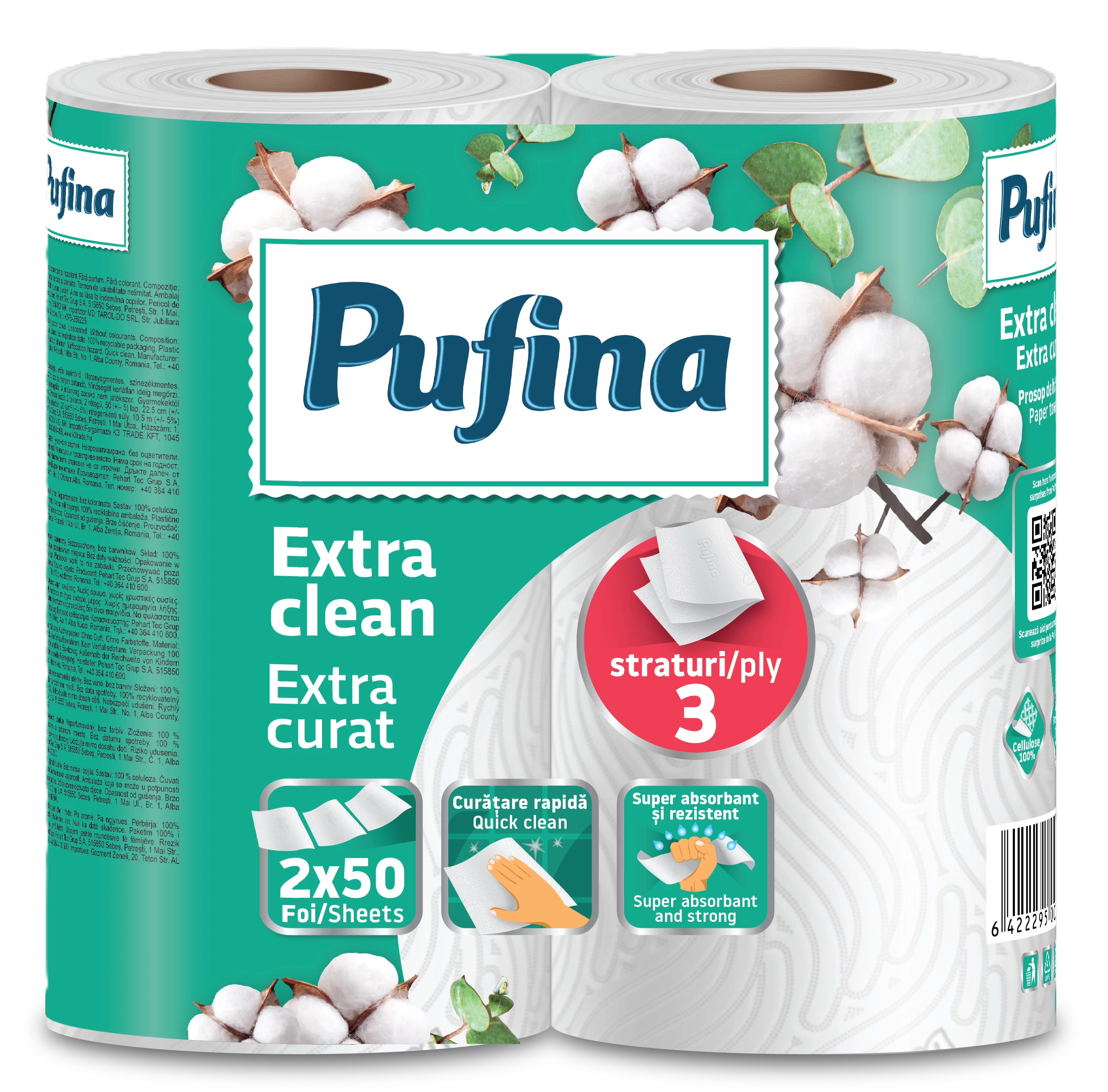 PUFINA Extra Clean papírtörlő 2 tekercs 50 lap 3 rétegű